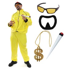 MENS 90'S RAPPER COSTUME FANCY DRESS YELLOW TRACKSUIT GLASSES DOLLAR CHAIN BEARD