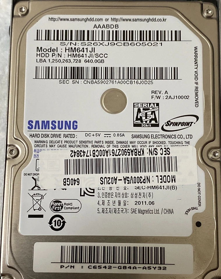 Samsung HM641JI/SCC pn: HM641JI Model NP300V5A-A02US 640GB 2.5" SATA - Image 2 of 4