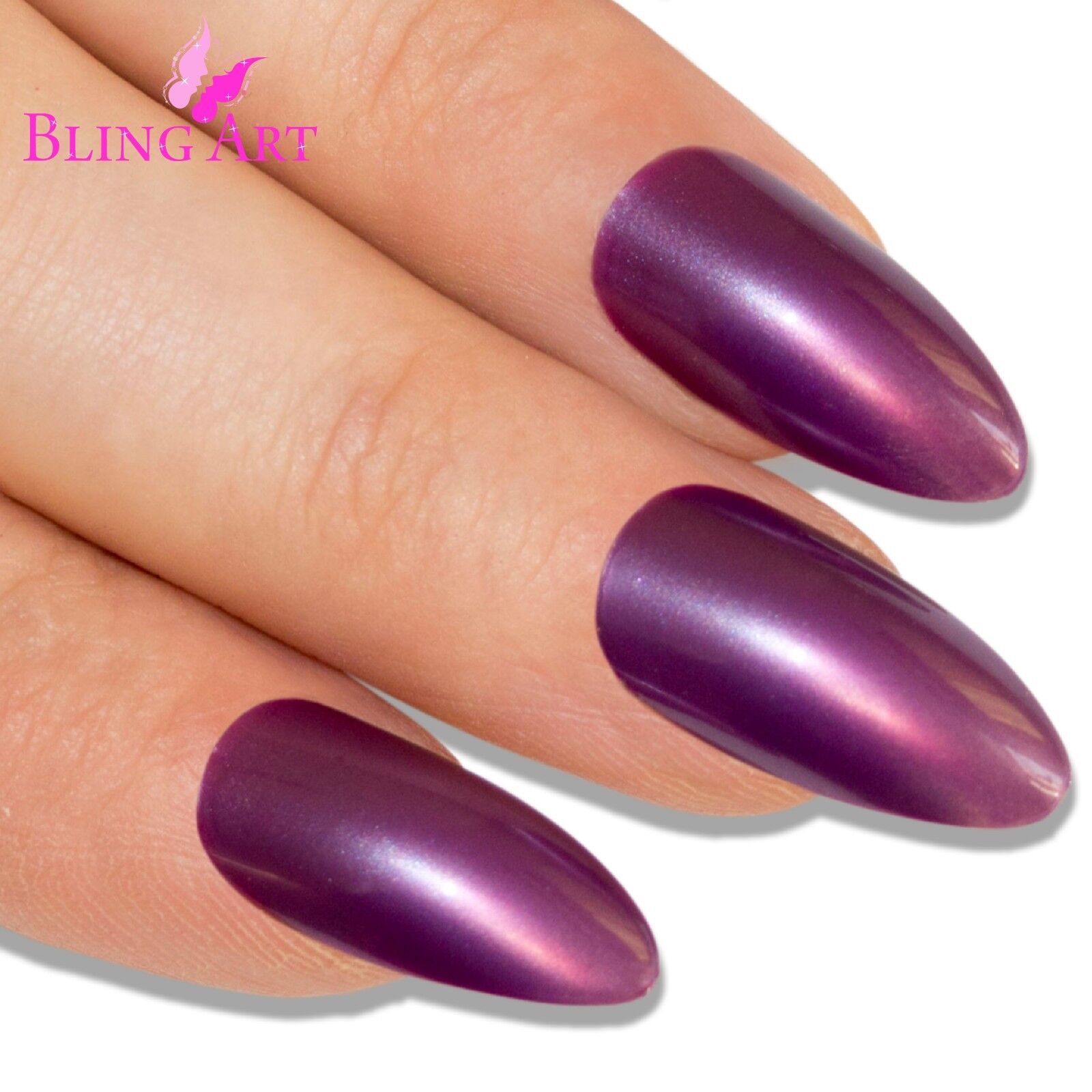 False Nails Purple Polished Almond Stiletto Long Bling Art Fake