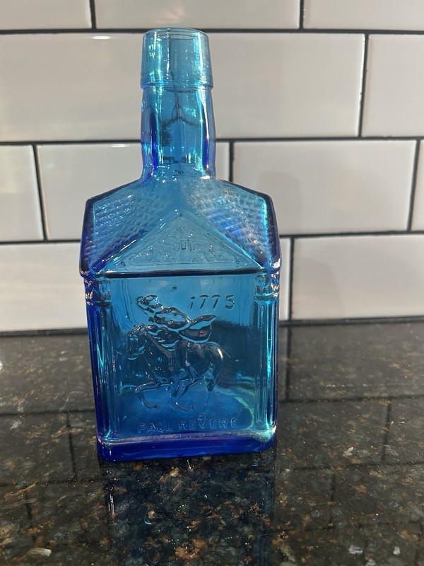 Vtg Wheaton NJ Paul Revere Colbalt Blue Glass Bottle eagle bar country decor USA