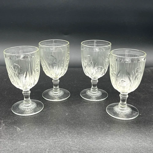 Set of 4 Jeanette Glass Iris & Herringbone Water Wine Goblets Clear 5-3/4" 6 oz