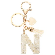 Initial Letter Keychains, Resin Cute Pendant with Heart  Tassel, White-N