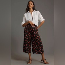 Anthropologie Maeve Black Red Floral A-Line Flare Culotte Pants M NWOT