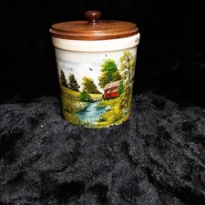Hand-painted Ceramic Butter Crock Also Known Butter Bell with A Wooden Lid. Used