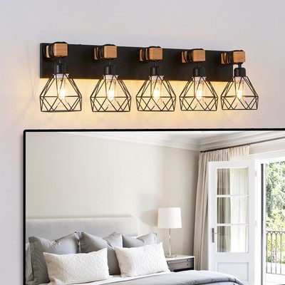 31'' 5 Lights Black Cage Vanity Light Bathroom Mirror Farmhouse Wall Lamp Fixture
