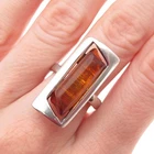 925 Sterling Silver Vintage Real Amber Modernist Ring Size 7