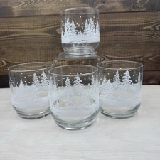 Set of 4 Libbey Frosty Pines Old Fashion Glasses Winter Christmas