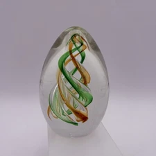 Art Blown Glass Oblong Egg Shaped Paperweight Green Orange Swirl Heavy 6”