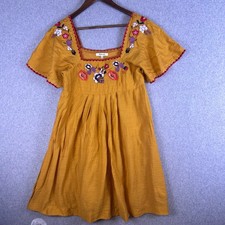 Madewell Mini Dress Women XS Mustard Floral Embroidered Square Neck Flowy Casual
