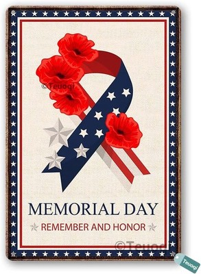 Retro Tin Metal Signs Home Décor 8 X 12 In Memorial Day Stars and Stripes Ribbon