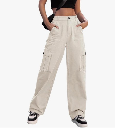 Women High Waisted Cargo Pants Wide Leg Casual Pants 6 Pockets Combat Military T
