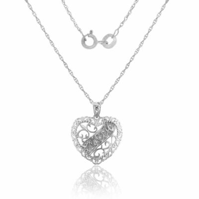 Womens Real White Diamond MOM Heart Pendant & Chain Set
