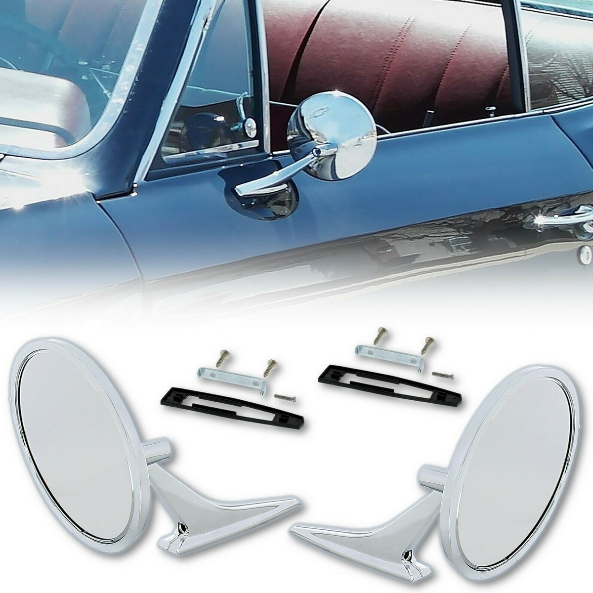 Chrome Metal Exterior Round Rear View Door Mirror Pair for 1966-72