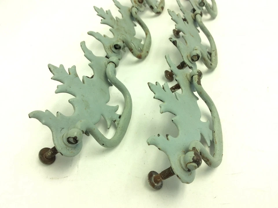 Vintage Set 6 Used Metal Painted Light Blue Decorative Dresser Drawer Pulls  - Image 4 of 4