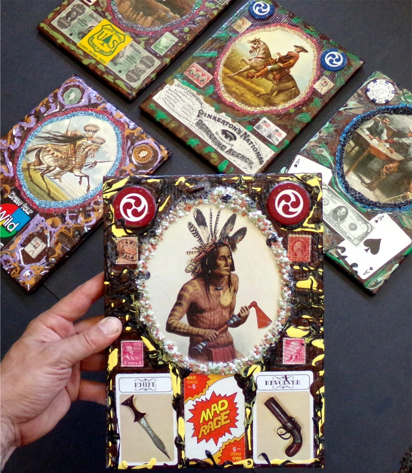 JUEGO ÚNICO DE 5 PIEZAS A JUEGO Libros de Colección Salvaje Oeste EE. UU. Lote de Collage de Arte Original Foto 2 de 4