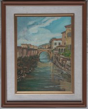 ARTE NAIF VECCHIO PONTE SUL FIUME CHIESE olio tela ENRICO COPETTA COEN  BRESCIA
