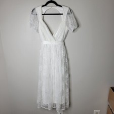Lulu's S Romantic Prose White Lace Puff Short Sleeve Midi Skater Dress