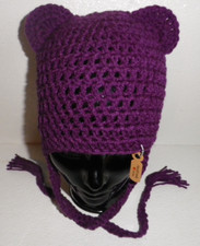 Teddy Bear Hat Beanie Cap Adult Size HandMade In USA Crochet Purple Strings