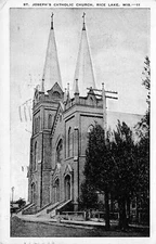 Rice Lake Wisconsin~St Joseph's Catholic Church~B&W Blue Sky 1945 Postcard