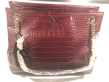 Victoria's Secret Burgundy Croc Tote Bag With Gold Chain Handle Pockets