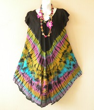 BD35 Black Tie Dye Summer Ruffle Sleeves Cotton Umbrella Beachwear Sun Dress