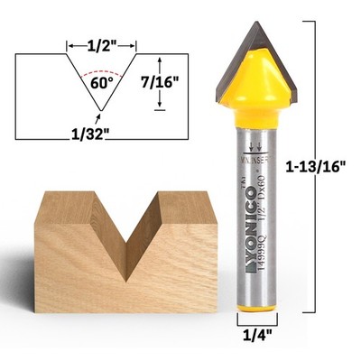 60 Degree X 1/2'' Diameter V Groove Router Bit - 1/4'' Shank - Yonico 14999q