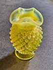 Fenton Yellow Opalescent Hobnail Hand Blown Glass Vase with Ruffled Edge