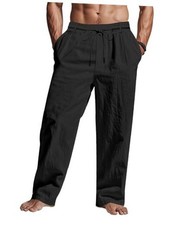 Men's Linen Pants Casual Lightweight Drawstring Elastic Waist Large Black