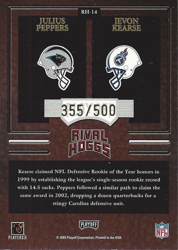 2003 Playoff Hogg Heaven Rival Hoggs #RH14 Jevon Kearse Julius Peppers /500 FB - Image 2 of 2