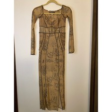 Urban Outfitters Tattoo Print Mesh Maxi Dress Tan Black Long Sleeve Small Slit
