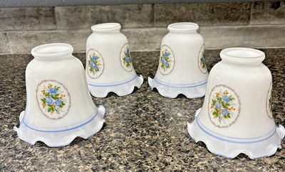 Set Of 4 Colonial Blue Rose Floral Glass Ruffled Ceiling Fan Vanity Light Shades
