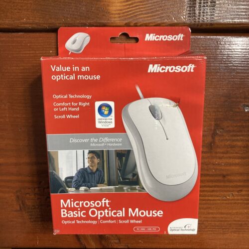 New Microsoft Basic Optical Scroll Wheel PS/2 USB Wired Mouse White P58-00001 - Afbeelding 1 van 9