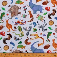 Cotton Animals Zebras Giraffes Elephants White Fabric Print by Yard D779.92