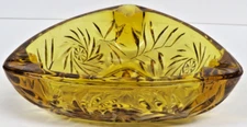 VTG 2" Deep Triangular Hazel-Atlas Amber Glass Ashtray Leaves Pinwheels Heavy