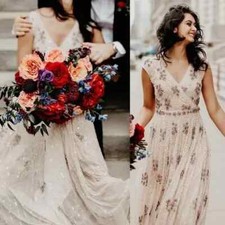 NWT MAC DUGGAL 93575 Embellished Blush Wrap Over Sleeves A Line Gown Dress SZ 8