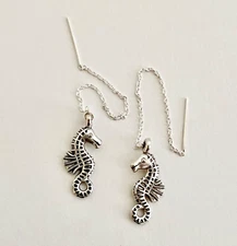 "IAJ" SMILING SEAHORSE STERLING SILVER Ear Threads Threader Earrings