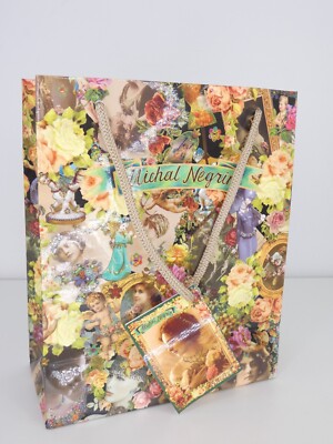 Michal Negrin Geschenktüte LEER Doppelhenkel Papier Blumen Frau mit Karte 24 cm