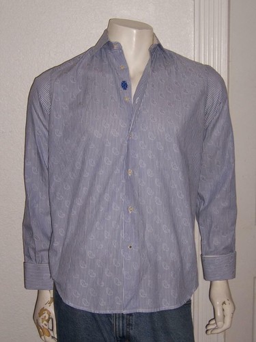 ROBERT GRAHAM MEN'S STRIPED BLUE WHITE LONG SLEEVE SHIRT CUFFLINK SIZE 15 1/2 - Picture 2 of 4