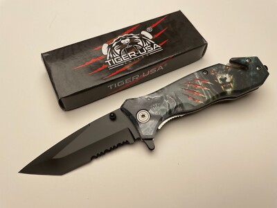 Tiger-USA 8'' Folding Half Serrated Tanto Wolf Design Handle SJ-1038-WLF-1