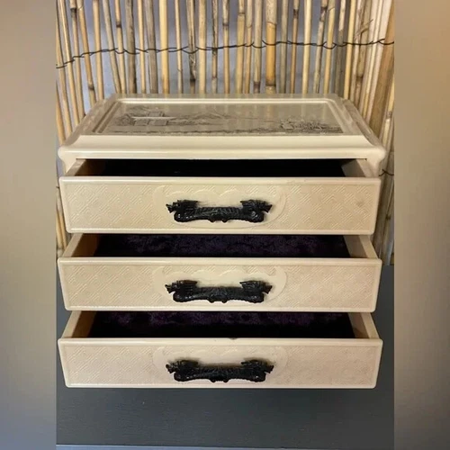 1940 Vintage Asian Celluloid Bakelite Jewelry Box Embossed Black Dragon Handles