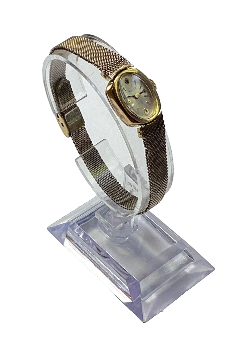 Timex Womens Vintage Mechanical Watch Gold White Oval Mesh Adjustable Works Well