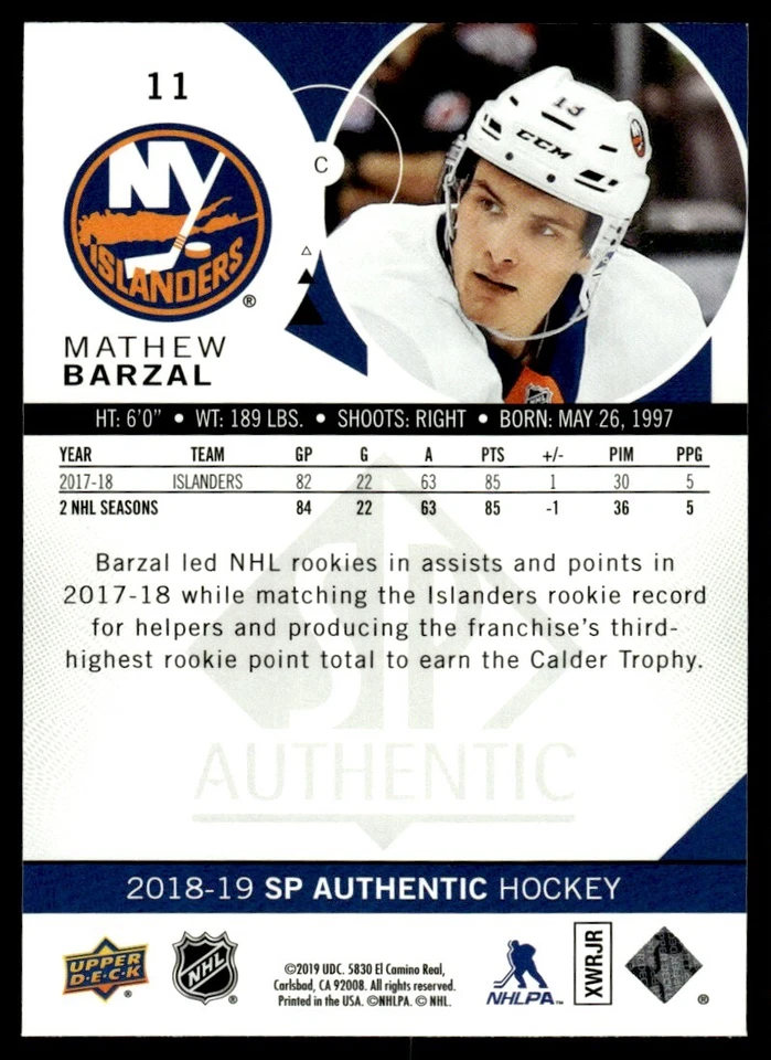 2018-19 SP Authentic Limited Red Mathew Barzal New York Islanders #11 . - Image 2 of 2