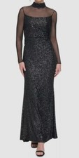 Eliza J Women's Black Sequin Embellished Mesh Mock Neck Gown Dress Sz 2