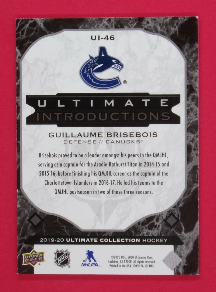 2019-20 Ultimate Collection Guillaume Brisebois 20/25 Introductions Onyx Black - Image 2 of 2