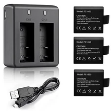 Bateria Recargable Para Camara De Accion De 3 X 1050 Mah Con Cargador Dual Usb