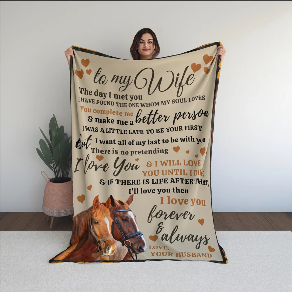 To My Wife Sherpa Blanket Gift From Husband Horse Couple In Love Throw Blankets - Image 2 of 4