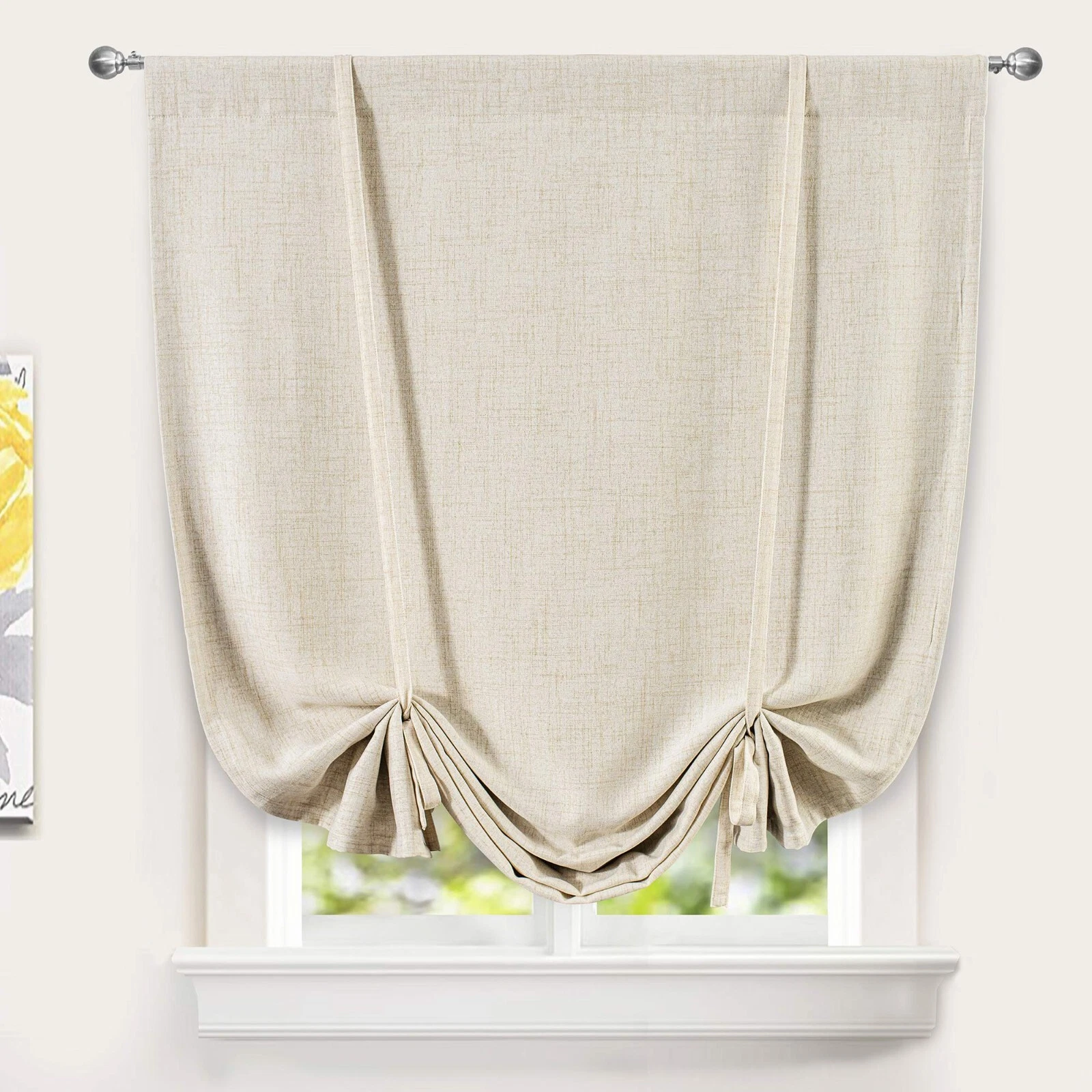 Linen Beige Tie Up Window Curtain Shade Drape Rod Pocket for Kitchen Living Room