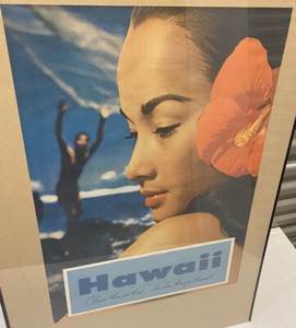 Vintage Hawaii Travel Tourism Litho Wall Poster Girl Ocean Tiki Bar Decor Prop