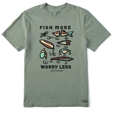Life is Good. Men's Vintage Fish More Worry Less Crusher Tee, Moss Green