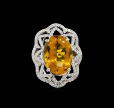 One Prong Set Oval Modified Brilliant Cut 11.CT Orange Citrine  White CZ Ring
